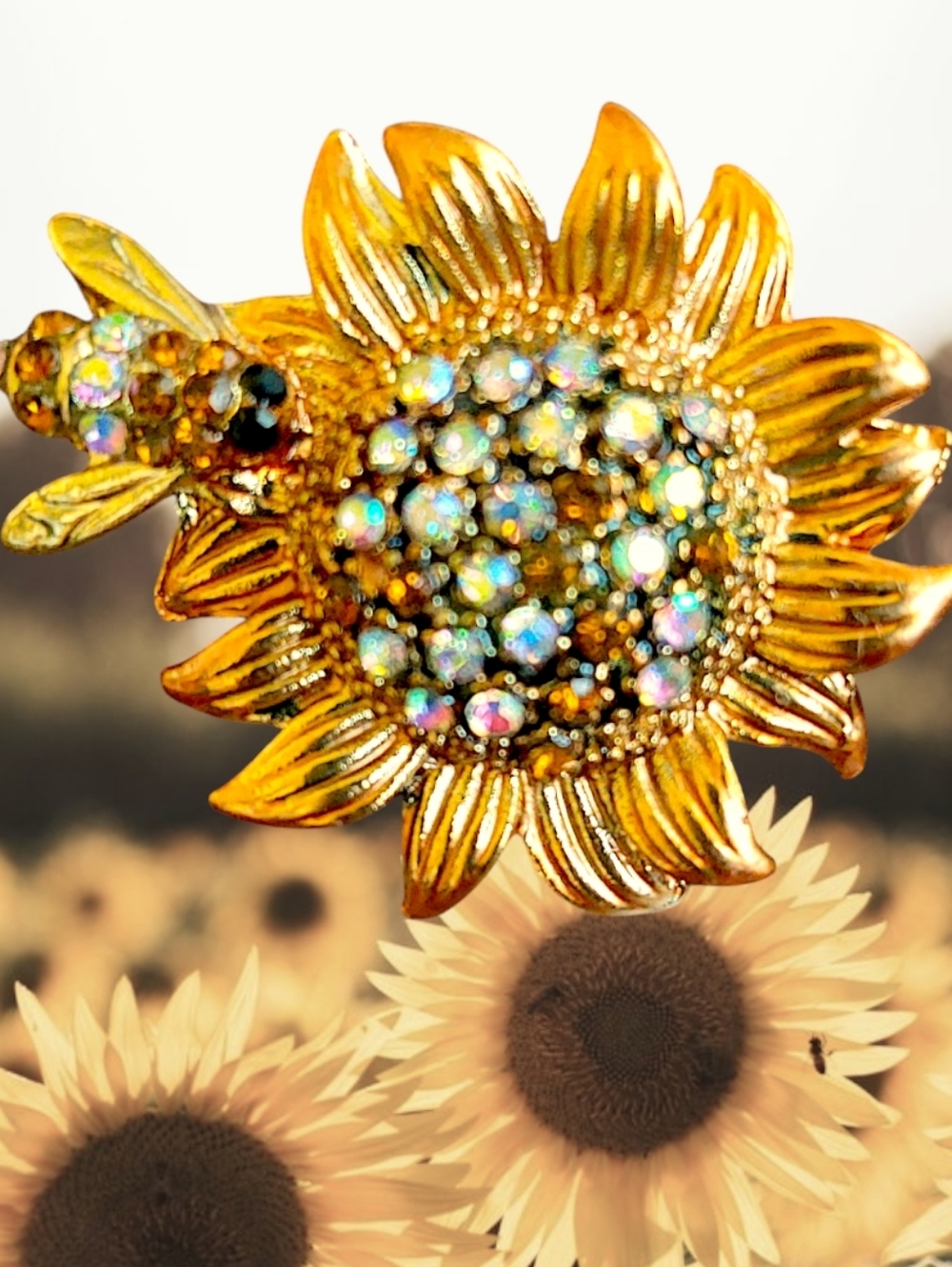 Sunflower And Bee Crystal Brooch